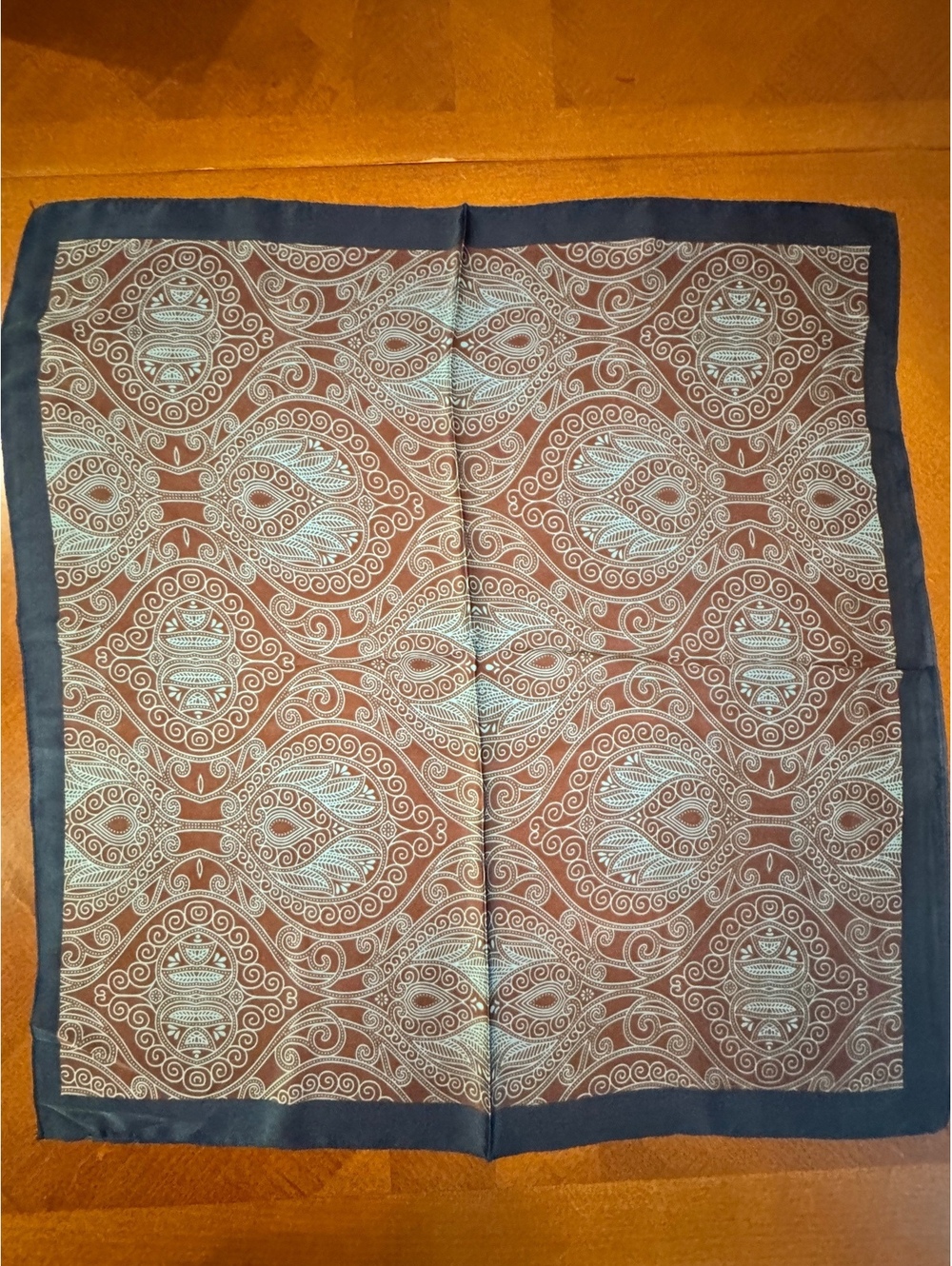 Vintage Brown and Cream Patterned Scarf with Navy Border 343